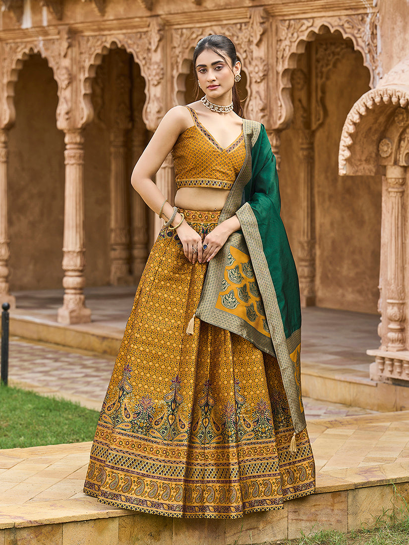 Monjolika Fashion Yellow Kanjivaram Silk Jacquard Woven Trendy Lehenga Choli | Grocsy