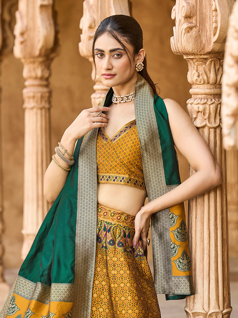 Monjolika Fashion Yellow Kanjivaram Silk Jacquard Woven Trendy Lehenga Choli | Grocsy