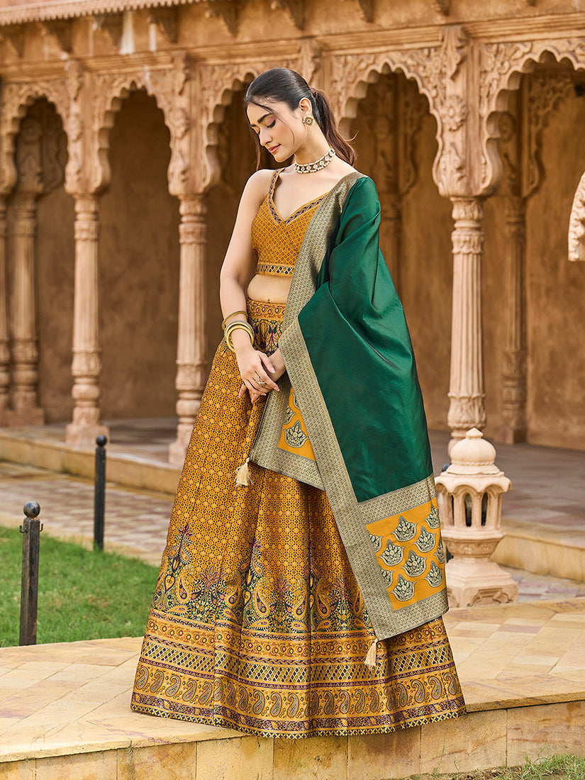 Monjolika Fashion Yellow Kanjivaram Silk Jacquard Woven Trendy Lehenga Choli | Grocsy