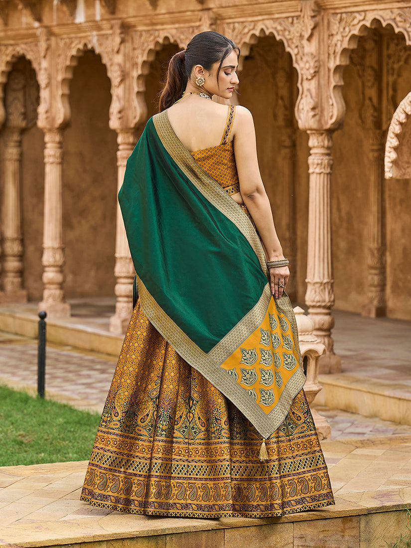 Monjolika Fashion Yellow Kanjivaram Silk Jacquard Woven Trendy Lehenga Choli | Grocsy