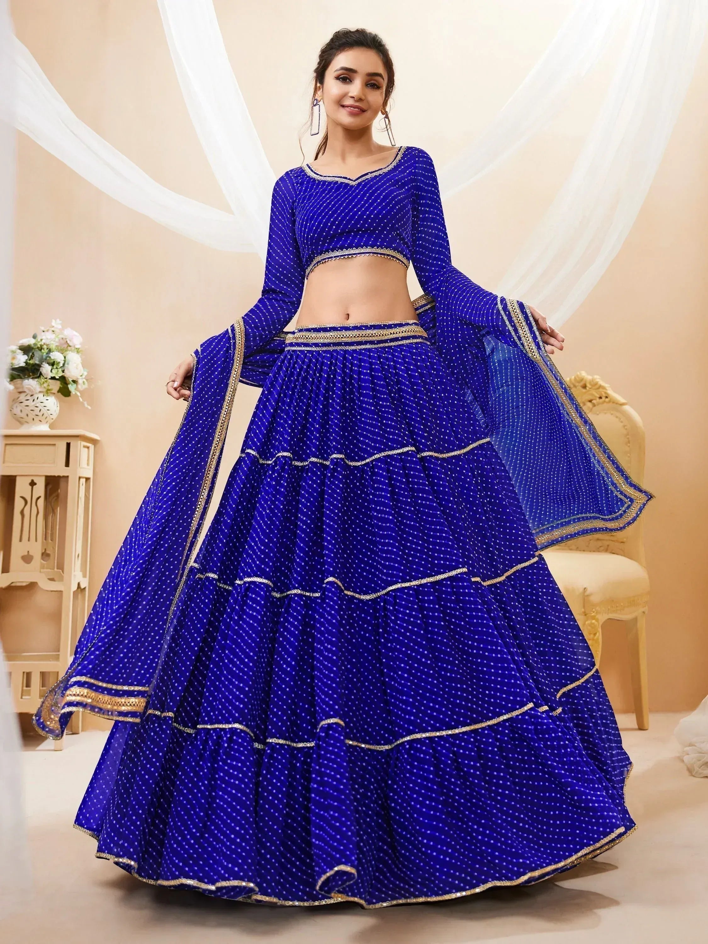 Tulsi Art Excellent Blue Leheriya Printed Georgette Lehenga Choli With Dupatta | Grocsy