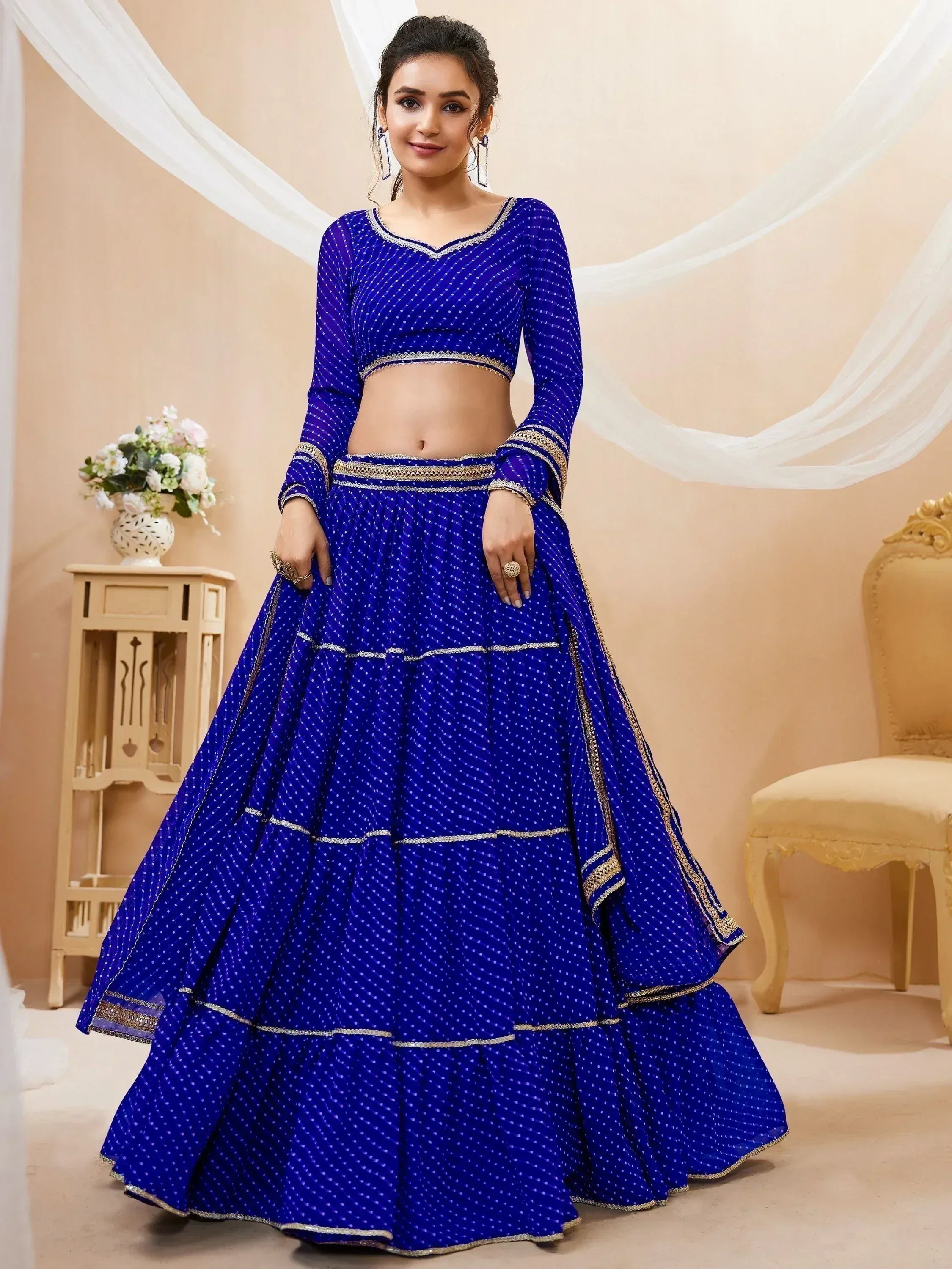 Tulsi Art Excellent Blue Leheriya Printed Georgette Lehenga Choli With Dupatta | Grocsy