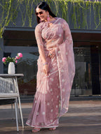 Tikhi Imli Pink Floral Embroidered Mirror Work Organza Saree | Grocsy