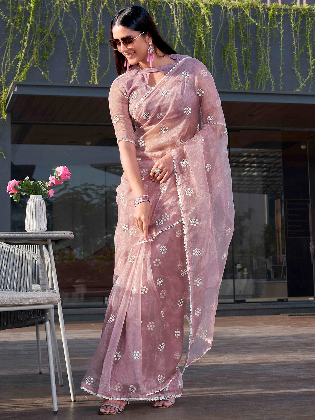 Tikhi Imli Pink Floral Embroidered Mirror Work Organza Saree | Grocsy
