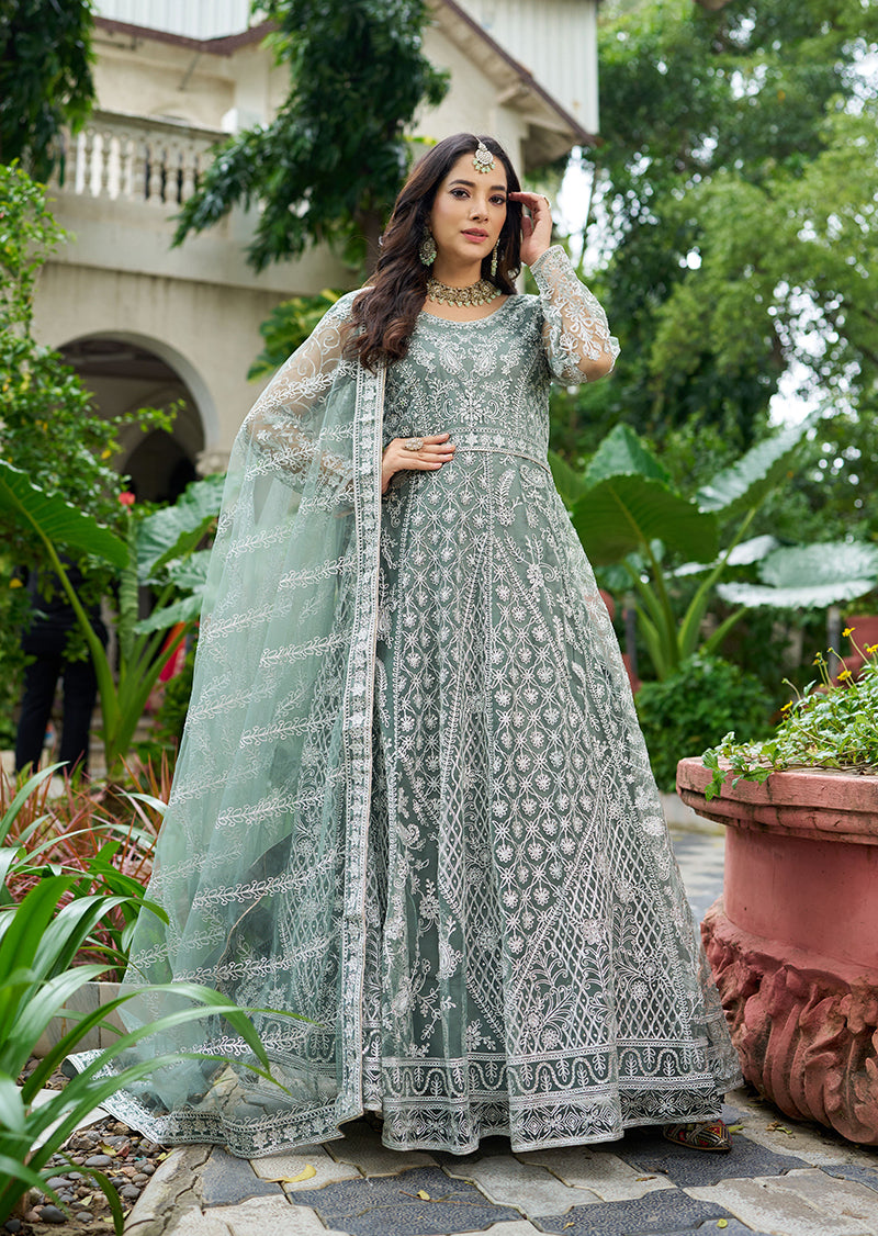 Monjolika Fashion Sea Green Embroidered Net Designer Anarkali Gown | Grocsy