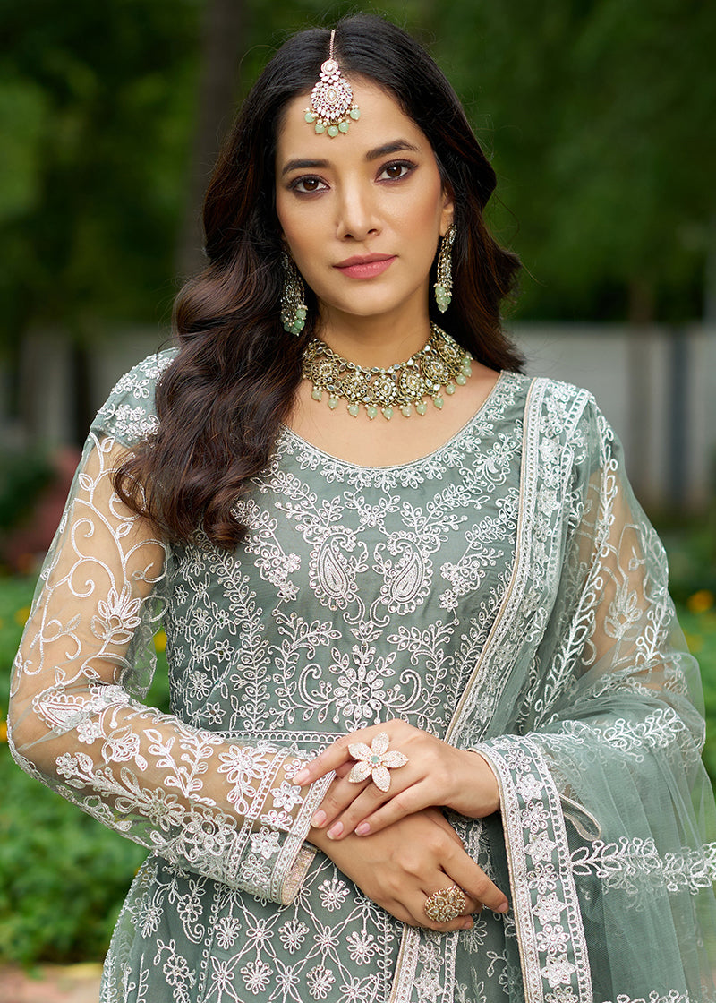 Monjolika Fashion Sea Green Embroidered Net Designer Anarkali Gown | Grocsy