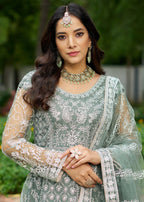 Monjolika Fashion Sea Green Embroidered Net Designer Anarkali Gown | Grocsy