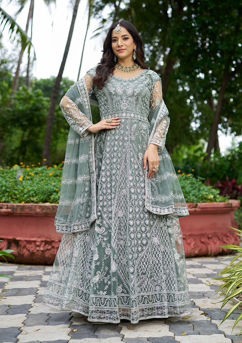 Monjolika Fashion Sea Green Embroidered Net Designer Anarkali Gown | Grocsy