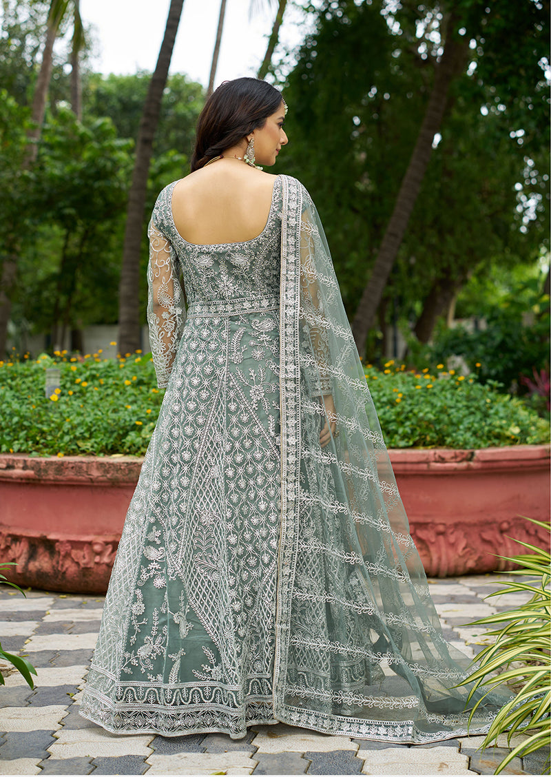 Monjolika Fashion Sea Green Embroidered Net Designer Anarkali Gown | Grocsy
