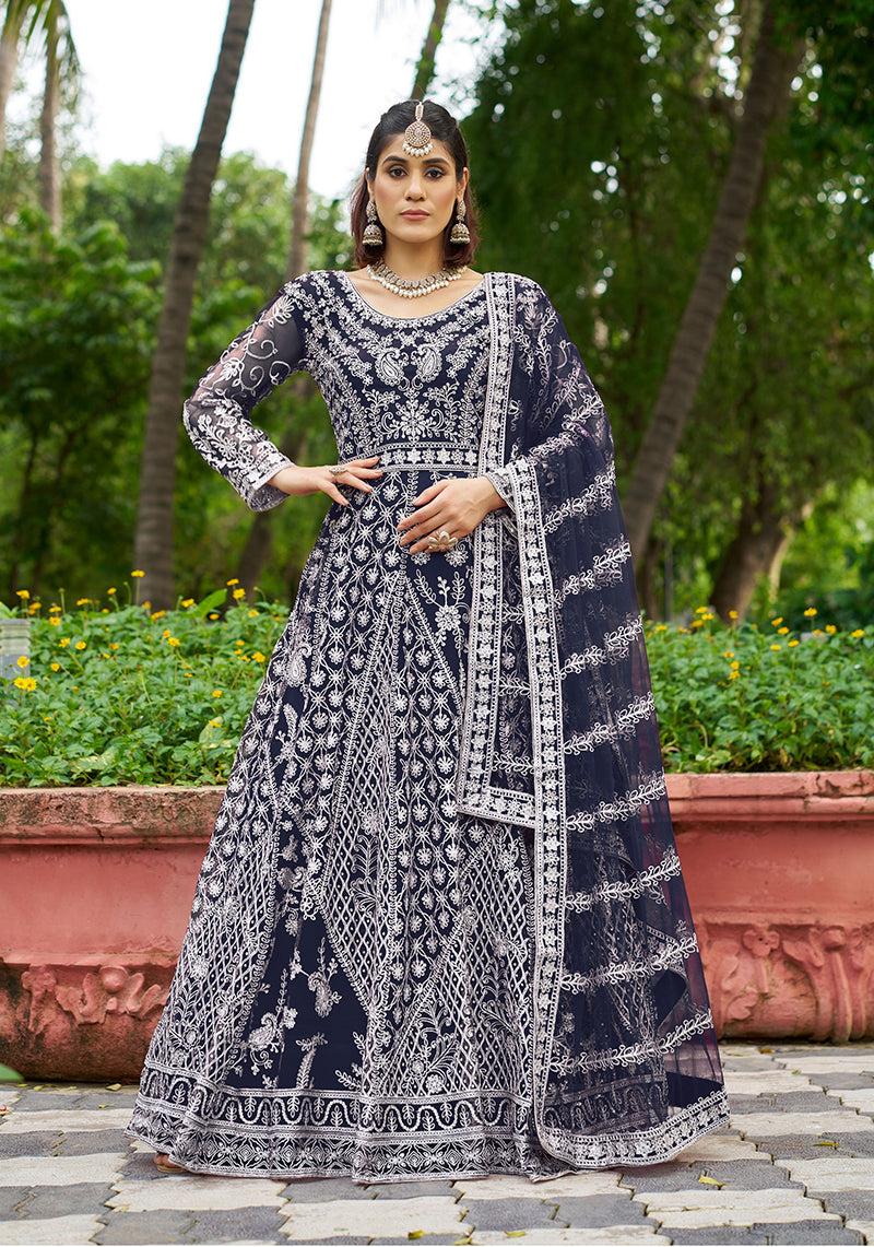 Monjolika Fashion Navy Blue Embroidered Net Designer Anarkali Gown | Grocsy