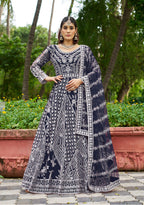 Monjolika Fashion Navy Blue Embroidered Net Designer Anarkali Gown | Grocsy
