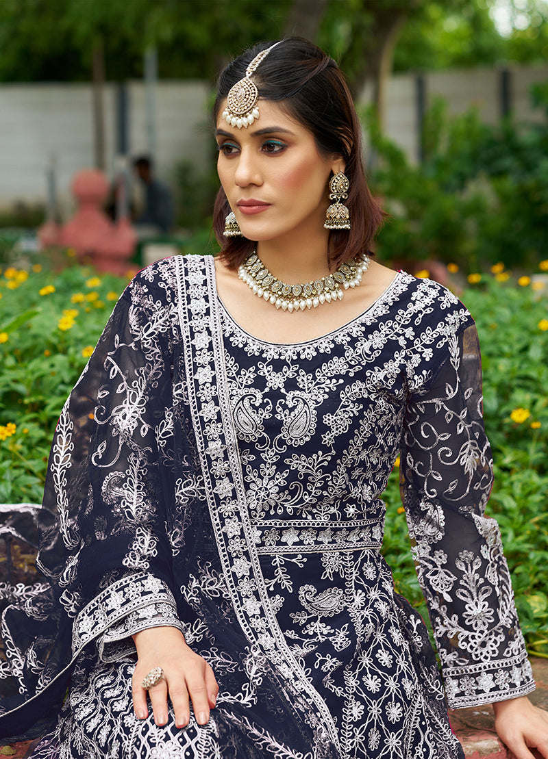Monjolika Fashion Navy Blue Embroidered Net Designer Anarkali Gown | Grocsy