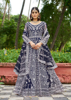 Monjolika Fashion Navy Blue Embroidered Net Designer Anarkali Gown | Grocsy