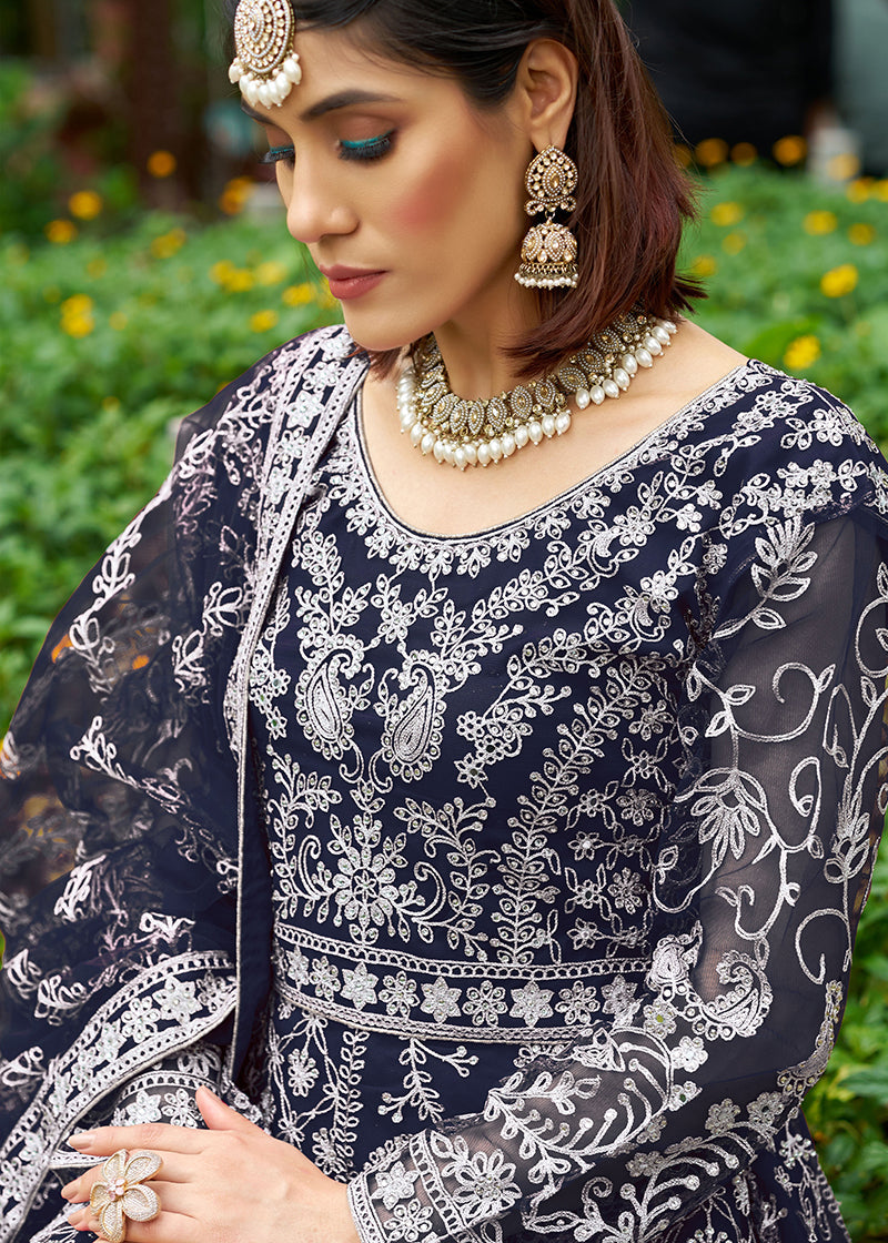 Monjolika Fashion Navy Blue Embroidered Net Designer Anarkali Gown | Grocsy