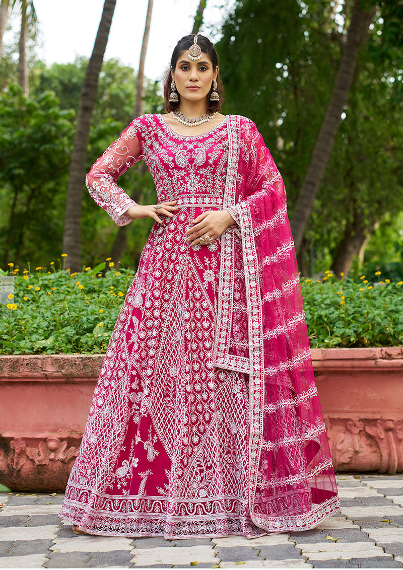Monjolika Fashion Rani Pink Embroidered Net Designer Anarkali Gown | Grocsy