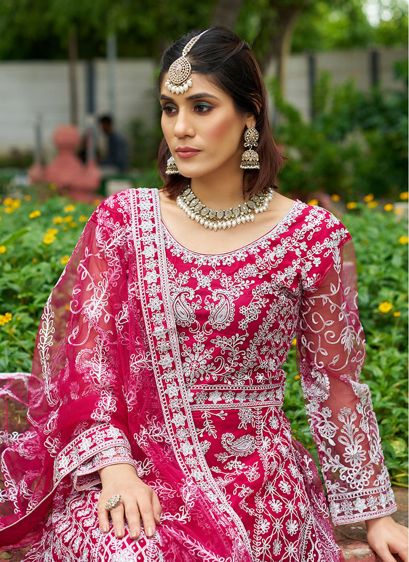 Monjolika Fashion Rani Pink Embroidered Net Designer Anarkali Gown | Grocsy
