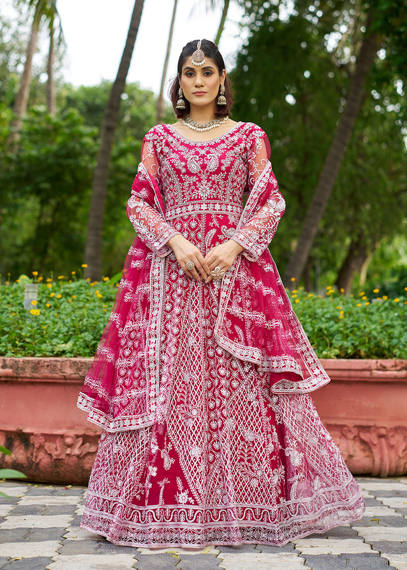 Monjolika Fashion Rani Pink Embroidered Net Designer Anarkali Gown | Grocsy