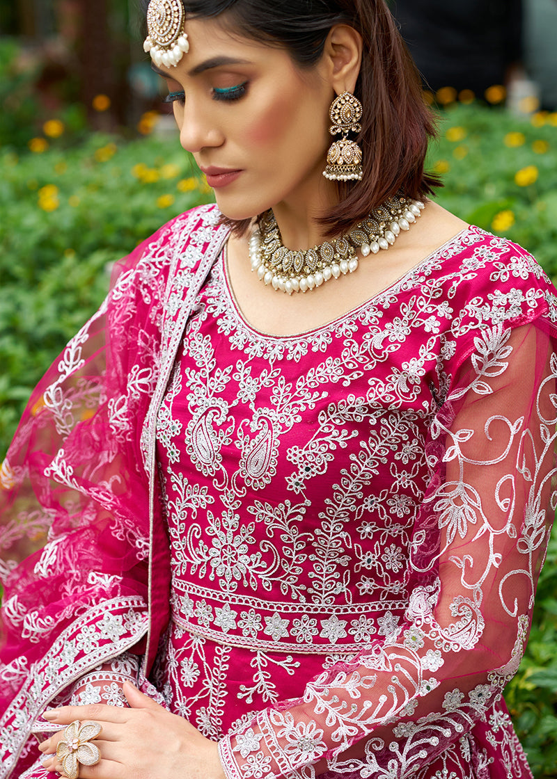 Monjolika Fashion Rani Pink Embroidered Net Designer Anarkali Gown | Grocsy
