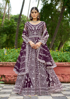 Monjolika Fashion Dark Purple Embroidered Net Designer Anarkali Gown | Grocsy