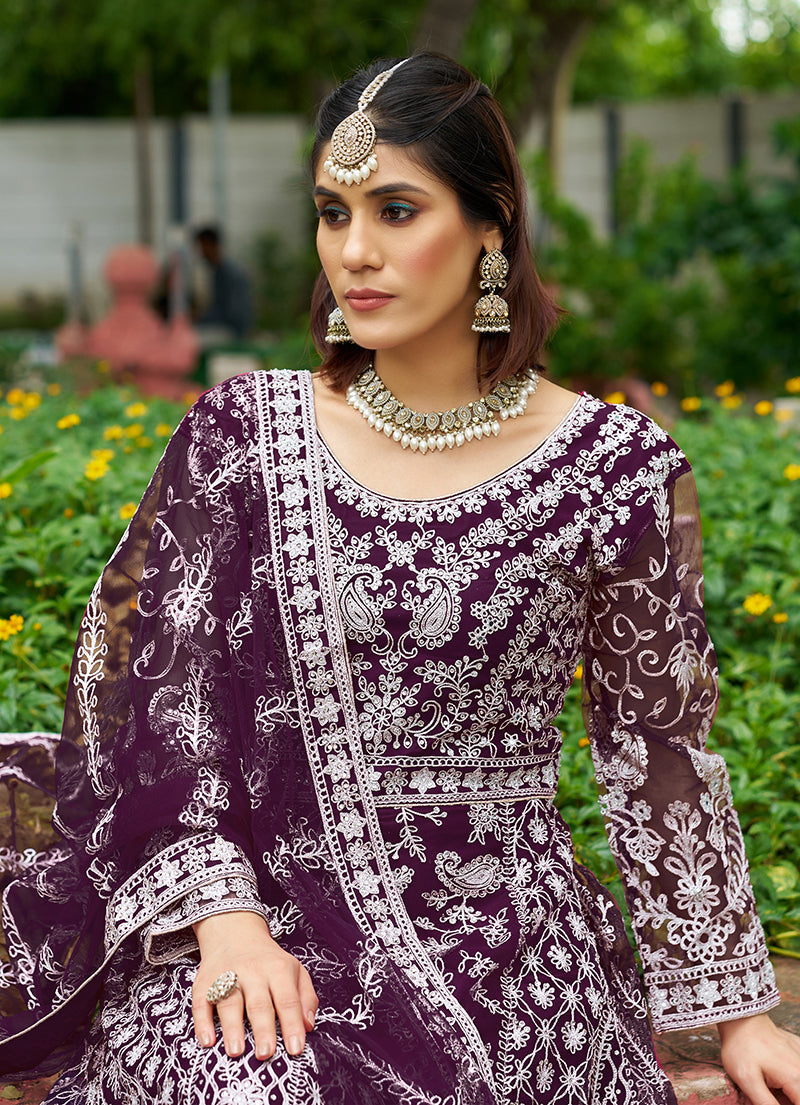 Monjolika Fashion Dark Purple Embroidered Net Designer Anarkali Gown | Grocsy