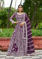 Monjolika Fashion Dark Purple Embroidered Net Designer Anarkali Gown | Grocsy