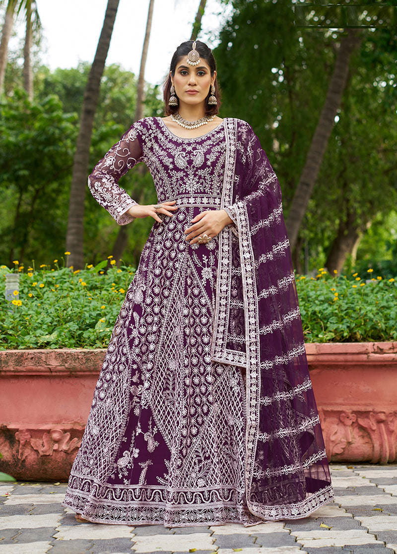 Monjolika Fashion Dark Purple Embroidered Net Designer Anarkali Gown | Grocsy