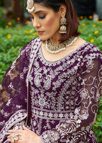 Monjolika Fashion Dark Purple Embroidered Net Designer Anarkali Gown | Grocsy