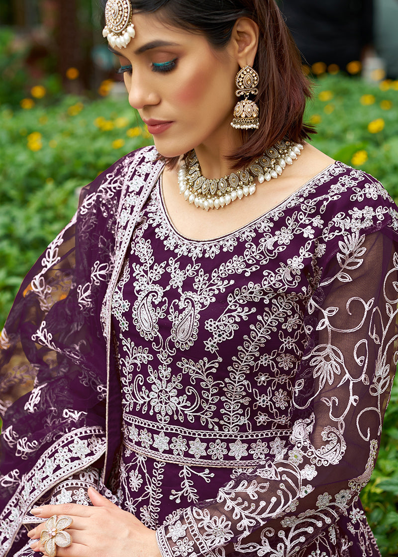 Monjolika Fashion Dark Purple Embroidered Net Designer Anarkali Gown | Grocsy