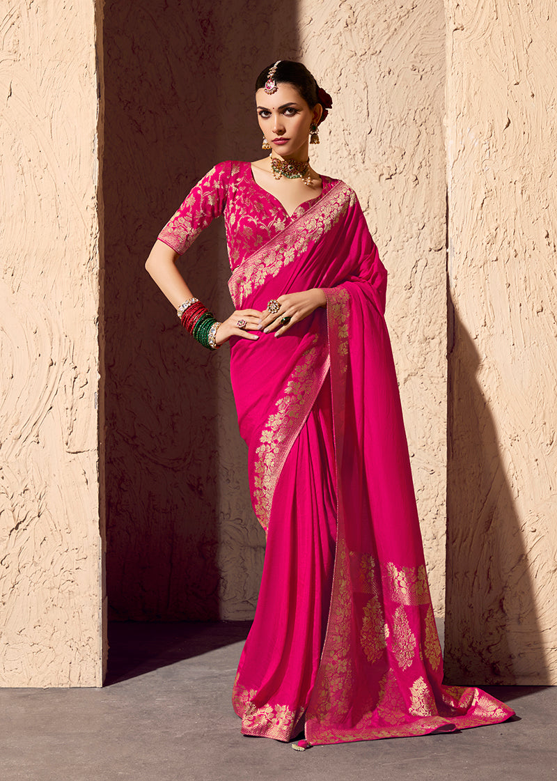 Monjolika Fashion Rani Pink Crepe Georgette Zari Weaving Work Saree | Grocsy
