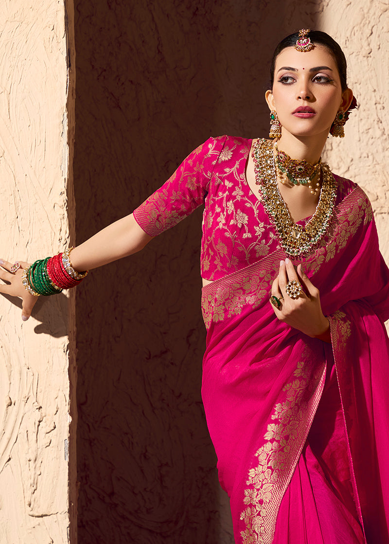 Monjolika Fashion Rani Pink Crepe Georgette Zari Weaving Work Saree | Grocsy