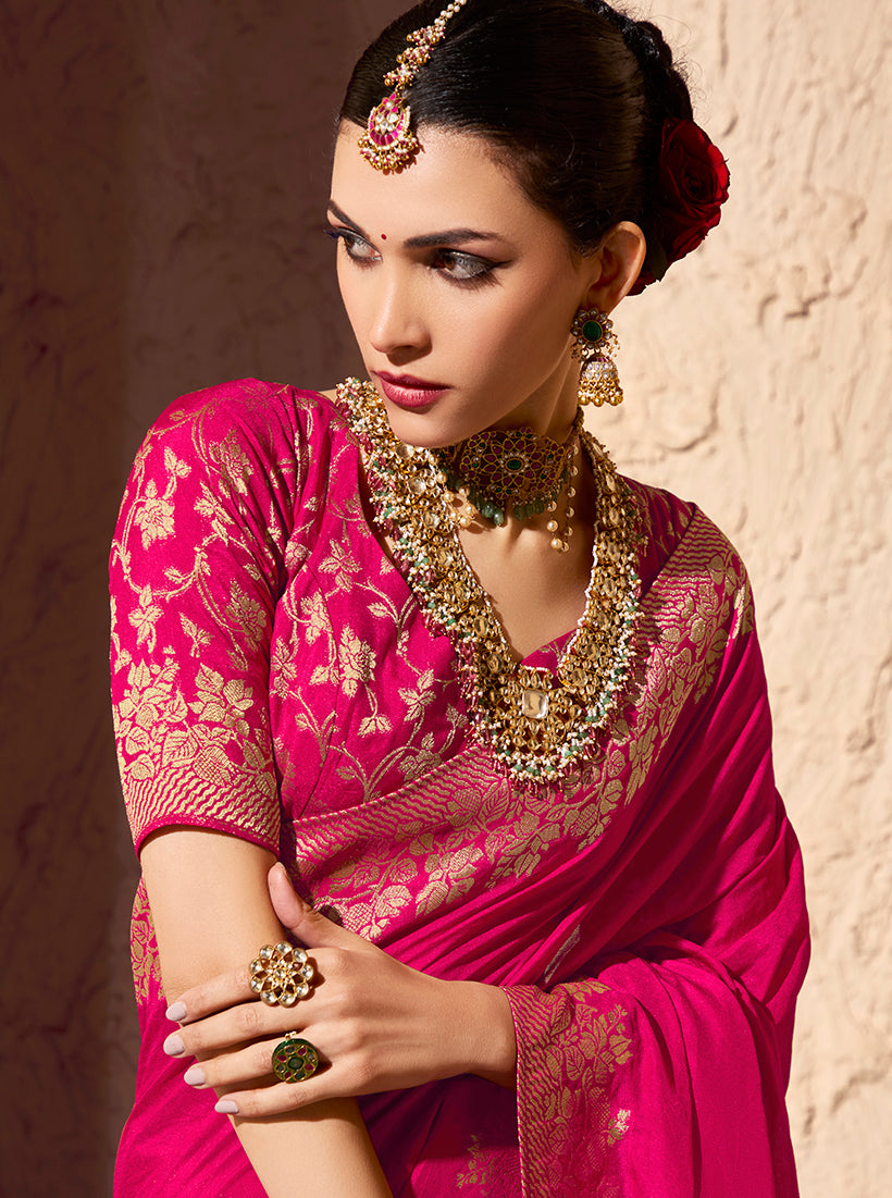 Monjolika Fashion Rani Pink Crepe Georgette Zari Weaving Work Saree | Grocsy