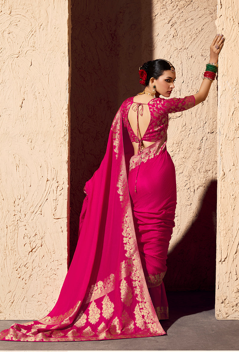 Monjolika Fashion Rani Pink Crepe Georgette Zari Weaving Work Saree | Grocsy