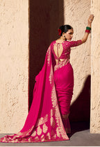 Monjolika Fashion Rani Pink Crepe Georgette Zari Weaving Work Saree | Grocsy