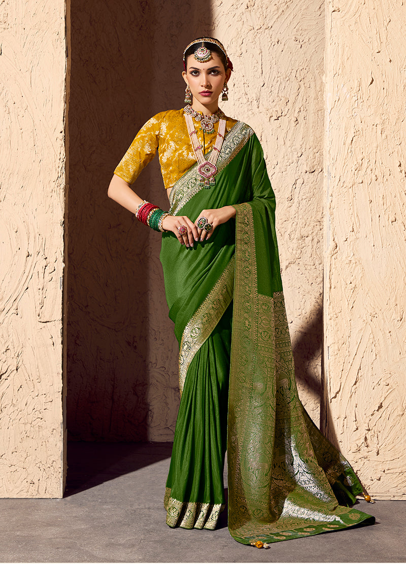Monjolika Fashion Green Crepe Georgette Zari Weaving Work Saree | Grocsy