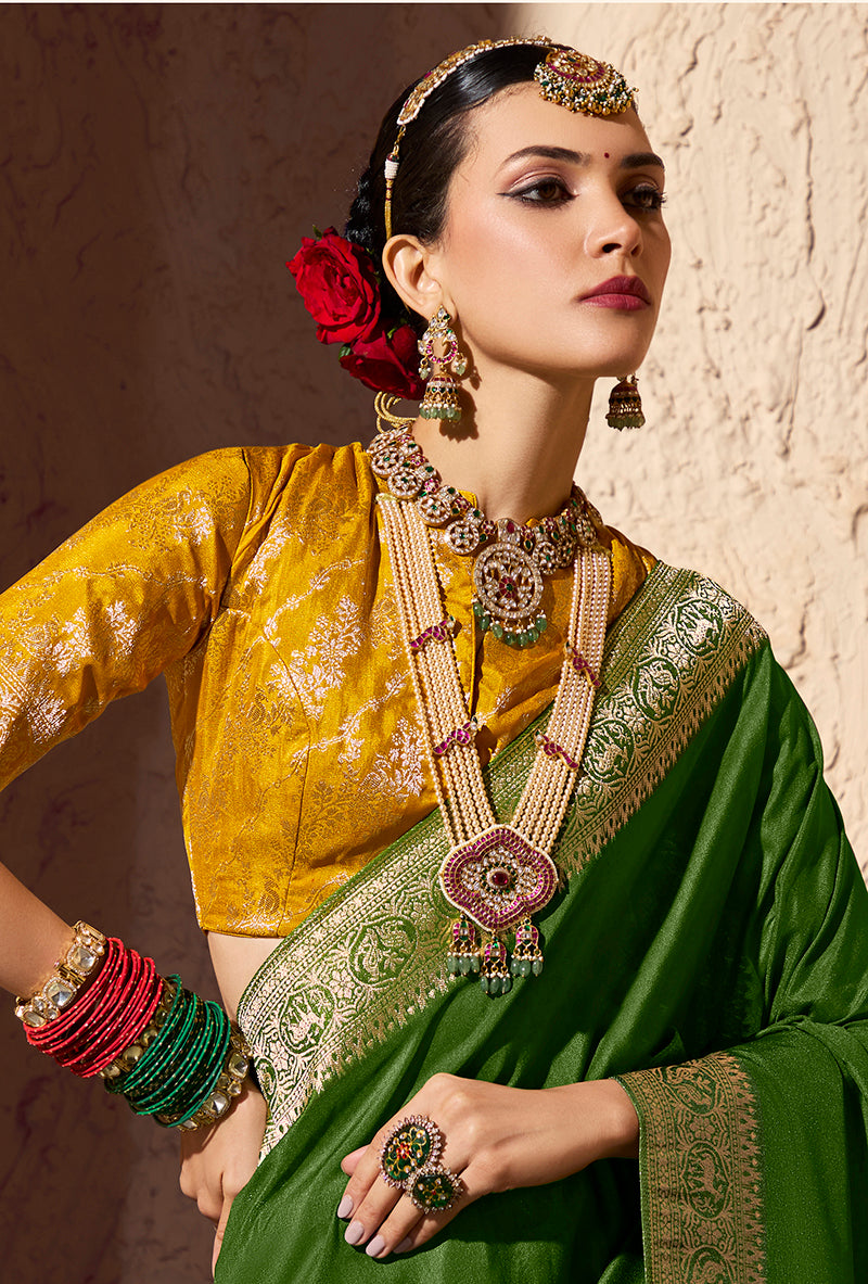 Monjolika Fashion Green Crepe Georgette Zari Weaving Work Saree | Grocsy