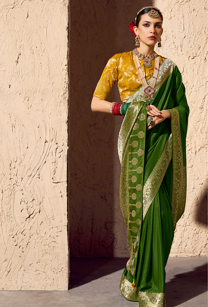 Monjolika Fashion Green Crepe Georgette Zari Weaving Work Saree | Grocsy