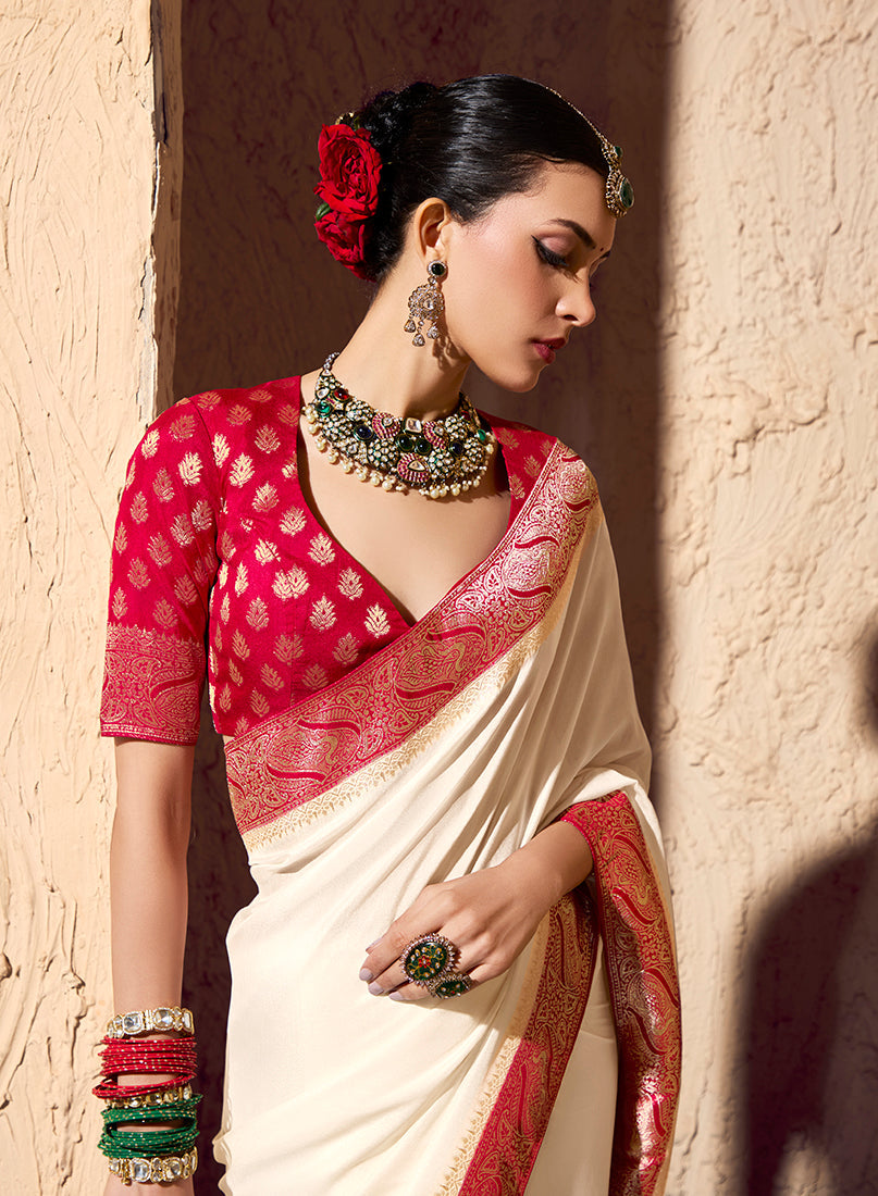 Monjolika Fashion Off White Crepe Georgette Zari Weaving Work Saree | Grocsy