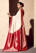 Monjolika Fashion Off White Crepe Georgette Zari Weaving Work Saree | Grocsy
