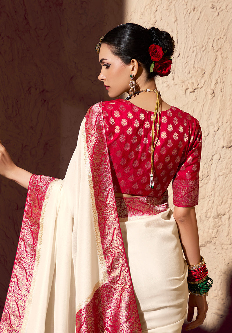 Monjolika Fashion Off White Crepe Georgette Zari Weaving Work Saree | Grocsy