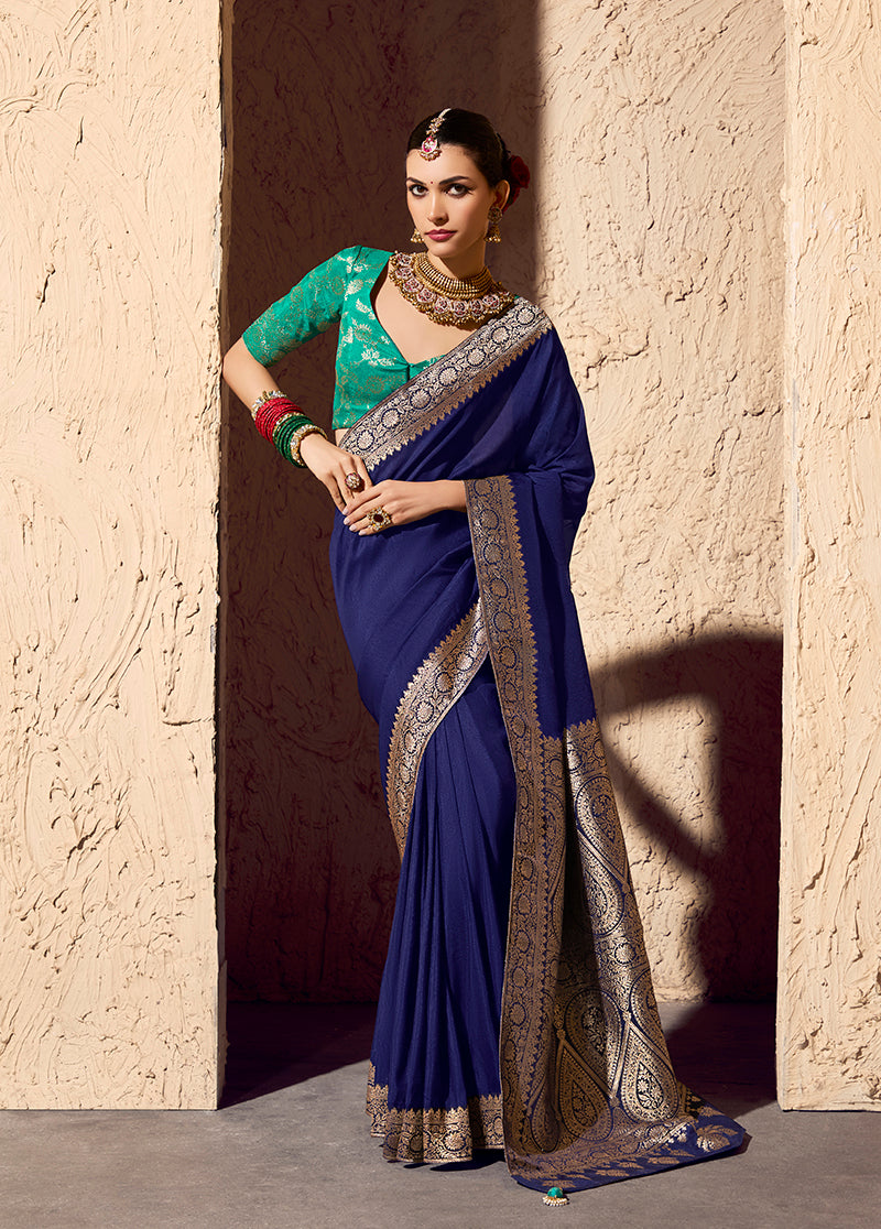 Monjolika Fashion Navy Blue Crepe Georgette Zari Weaving Work Saree | Grocsy