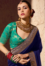 Monjolika Fashion Navy Blue Crepe Georgette Zari Weaving Work Saree | Grocsy