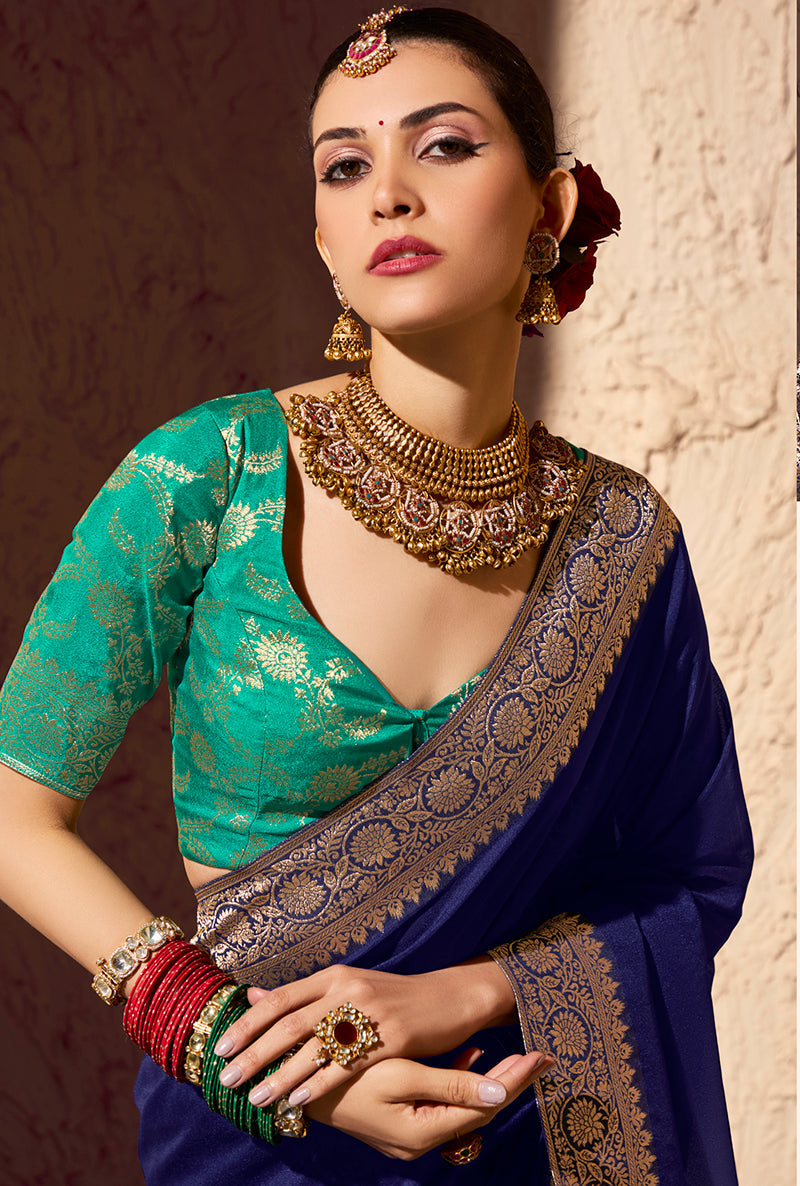 Monjolika Fashion Navy Blue Crepe Georgette Zari Weaving Work Saree | Grocsy