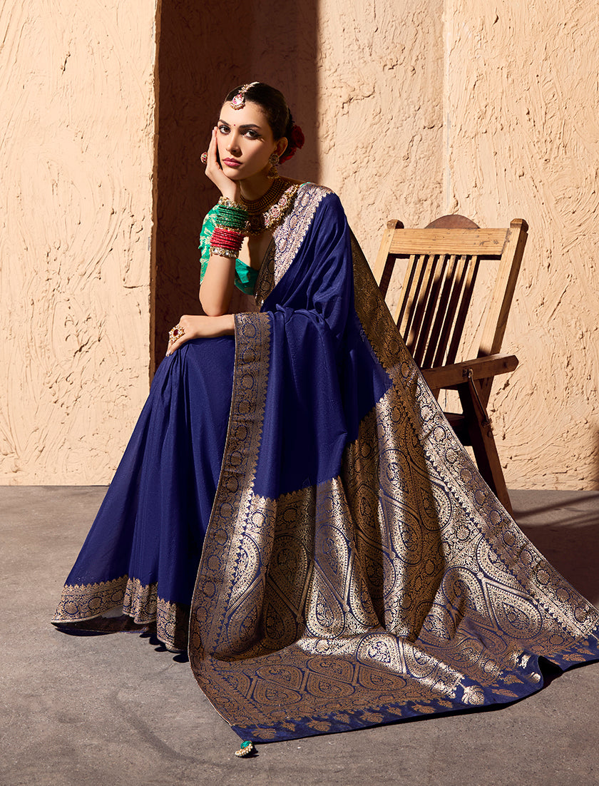 Monjolika Fashion Navy Blue Crepe Georgette Zari Weaving Work Saree | Grocsy
