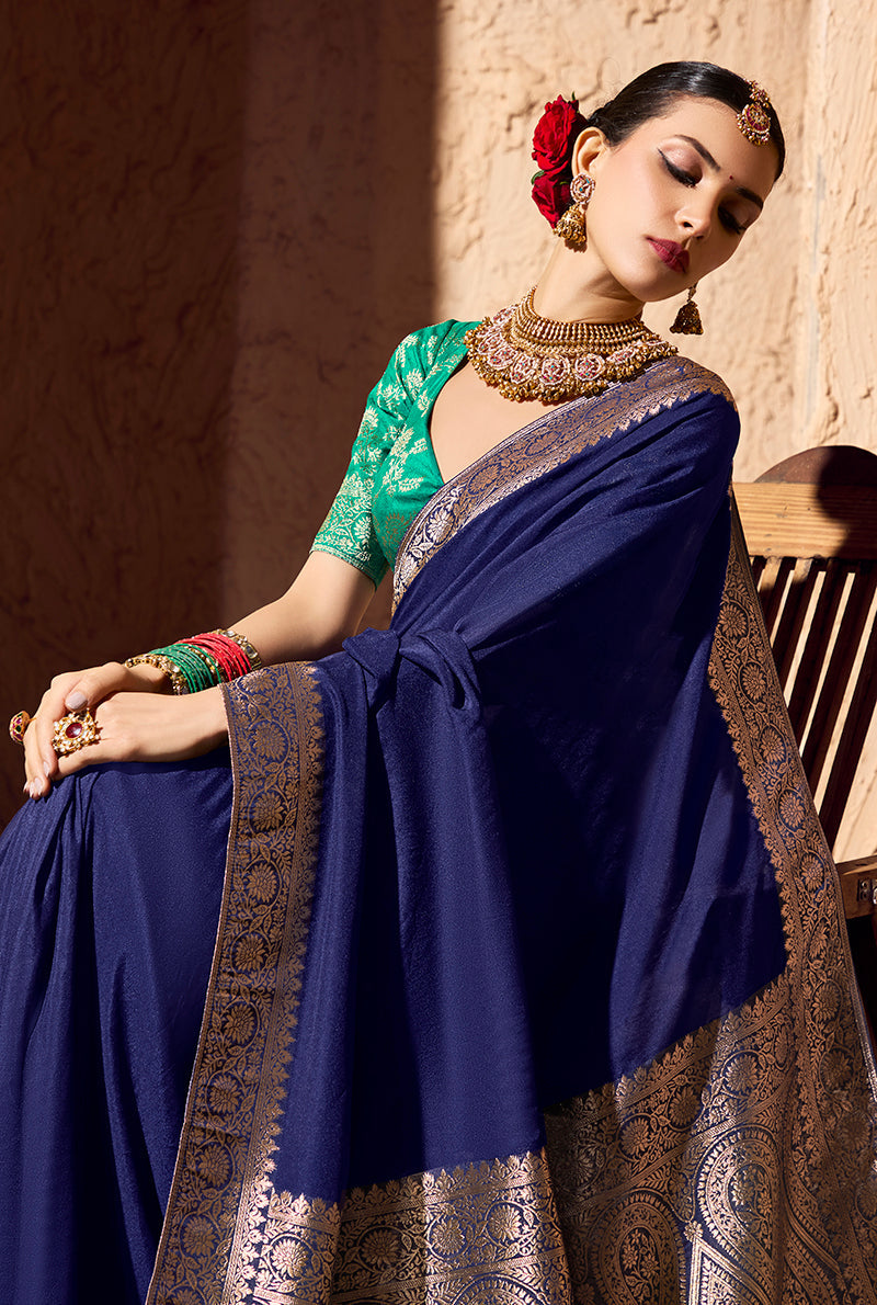 Monjolika Fashion Navy Blue Crepe Georgette Zari Weaving Work Saree | Grocsy