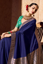Monjolika Fashion Navy Blue Crepe Georgette Zari Weaving Work Saree | Grocsy