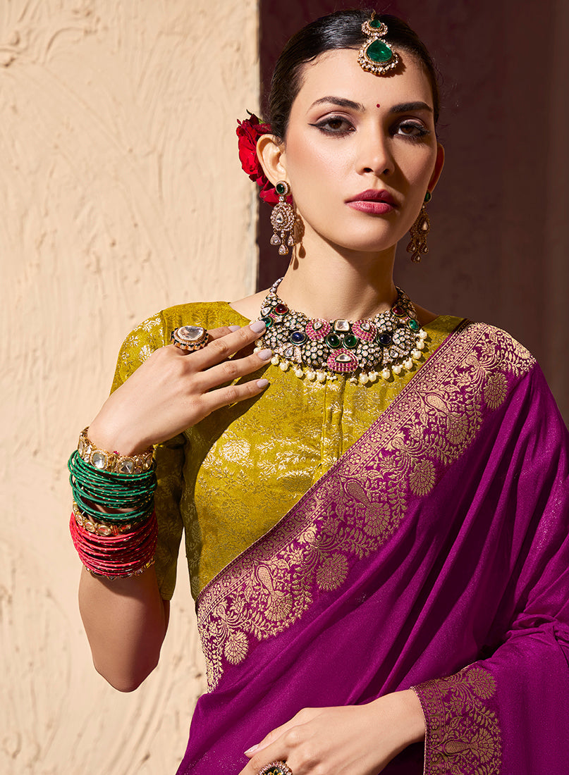 Monjolika Fashion Dark Magenta Crepe Georgette Zari Weaving Work Saree | Grocsy