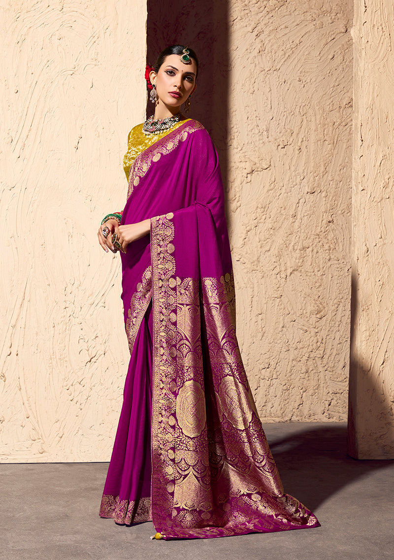 Monjolika Fashion Dark Magenta Crepe Georgette Zari Weaving Work Saree | Grocsy