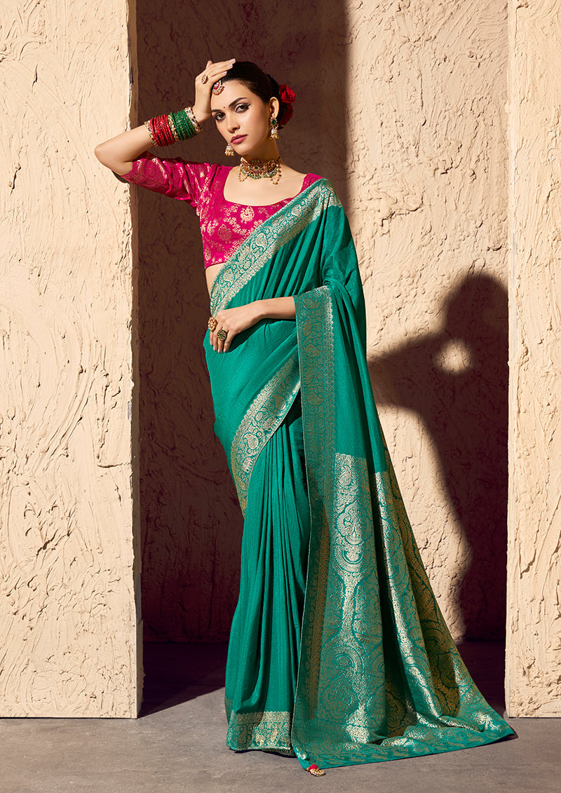 Monjolika Fashion Teal Crepe Georgette Zari Weaving Work Saree | Grocsy