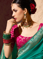 Monjolika Fashion Teal Crepe Georgette Zari Weaving Work Saree | Grocsy