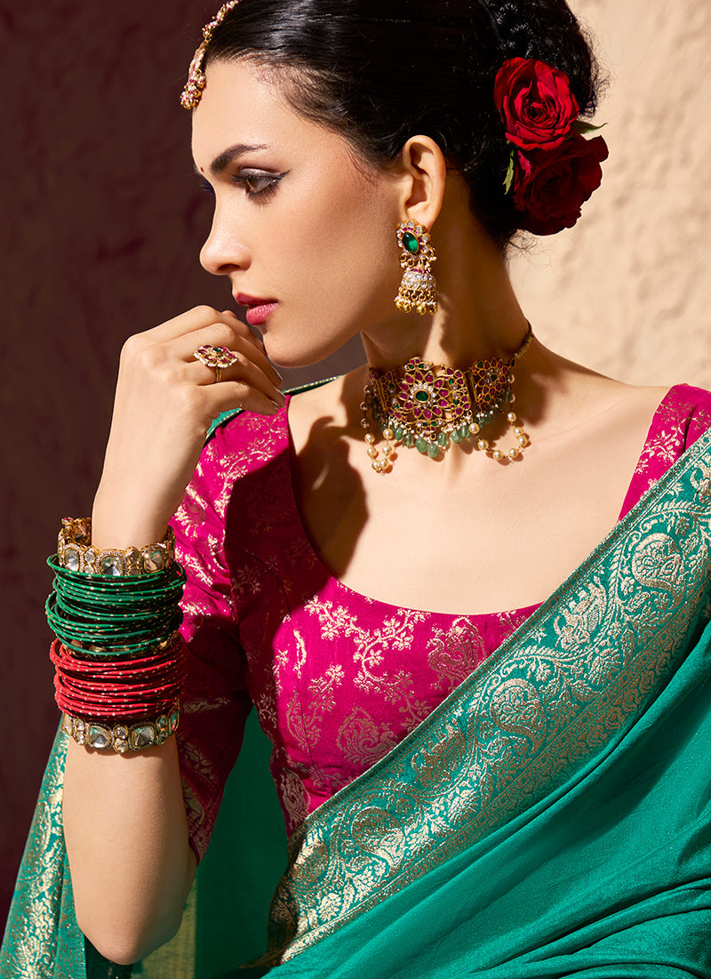 Monjolika Fashion Teal Crepe Georgette Zari Weaving Work Saree | Grocsy
